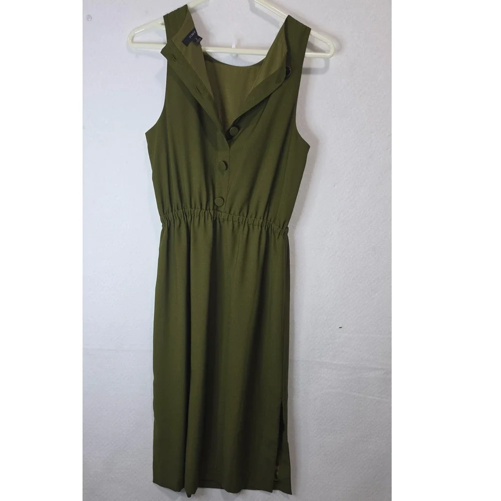 J.Crew Olive Green Sleeveless Elastic Waist Midi Dress with Back Buttons Size 2